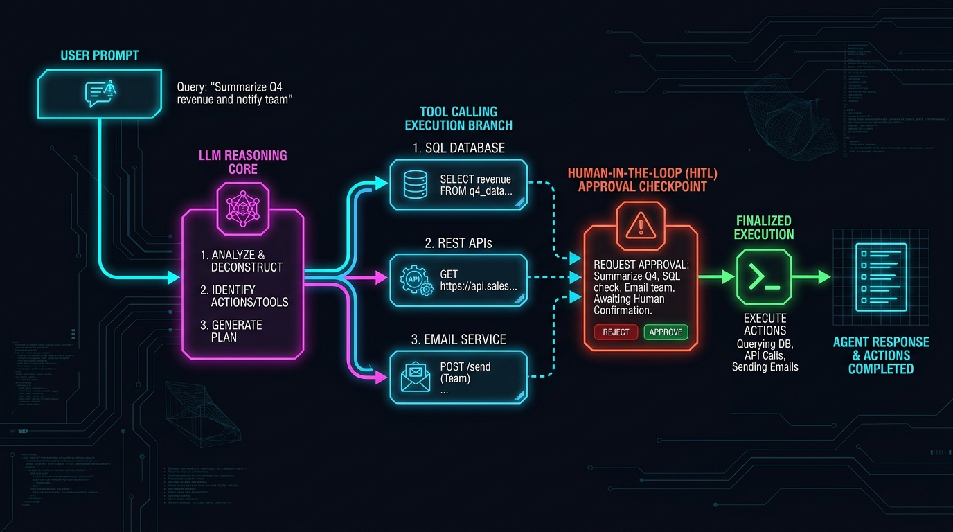 Sơ đồ kiến trúc Action-Driven AI Agent với chốt chặn kiểm duyệt con người HITL